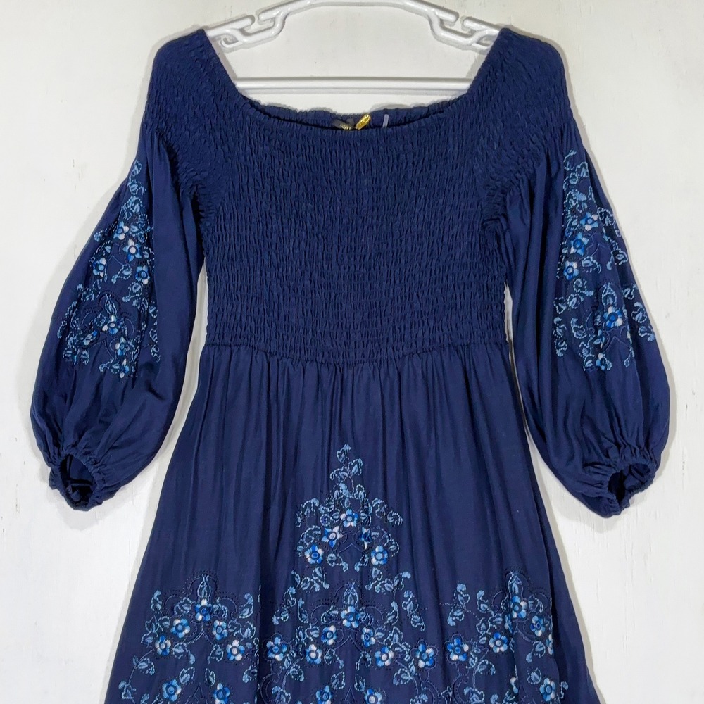Kobi Halperin Navy Blue Embroidered Smocked Dress Womens XL Boho Cottagecore